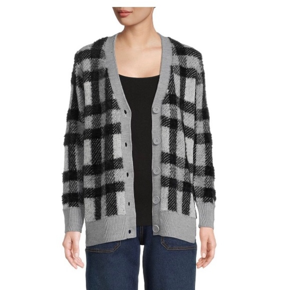 TIME and TRU Womens Cardigan Size Medium 8-10 Eyelash Knit Grey Black New